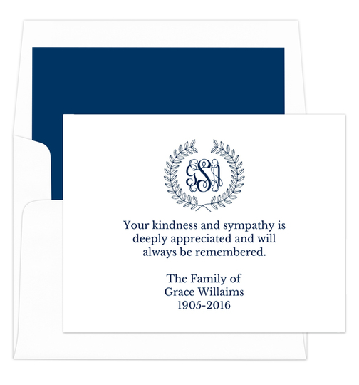 Renaissance Monogram Wreath Sympathy Cards with Optional Inside Imprint